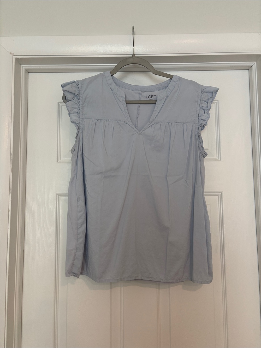 LOFT Pale Blue Ruffle Cap-Sleeve V-Neck Blouse